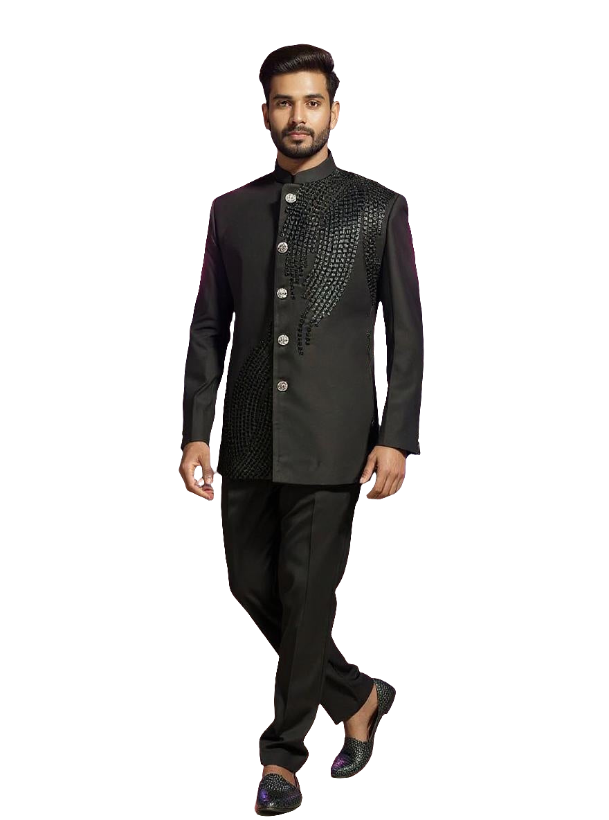 Men's Black Asymmetrical Hand Embroidered Jodhpuri Suit