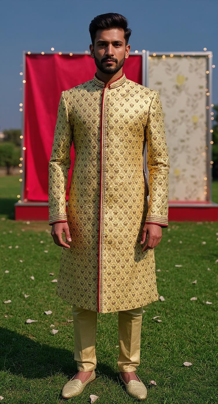 Men's Gold Brocade Sherwani all over hand embroidery with Red Piping