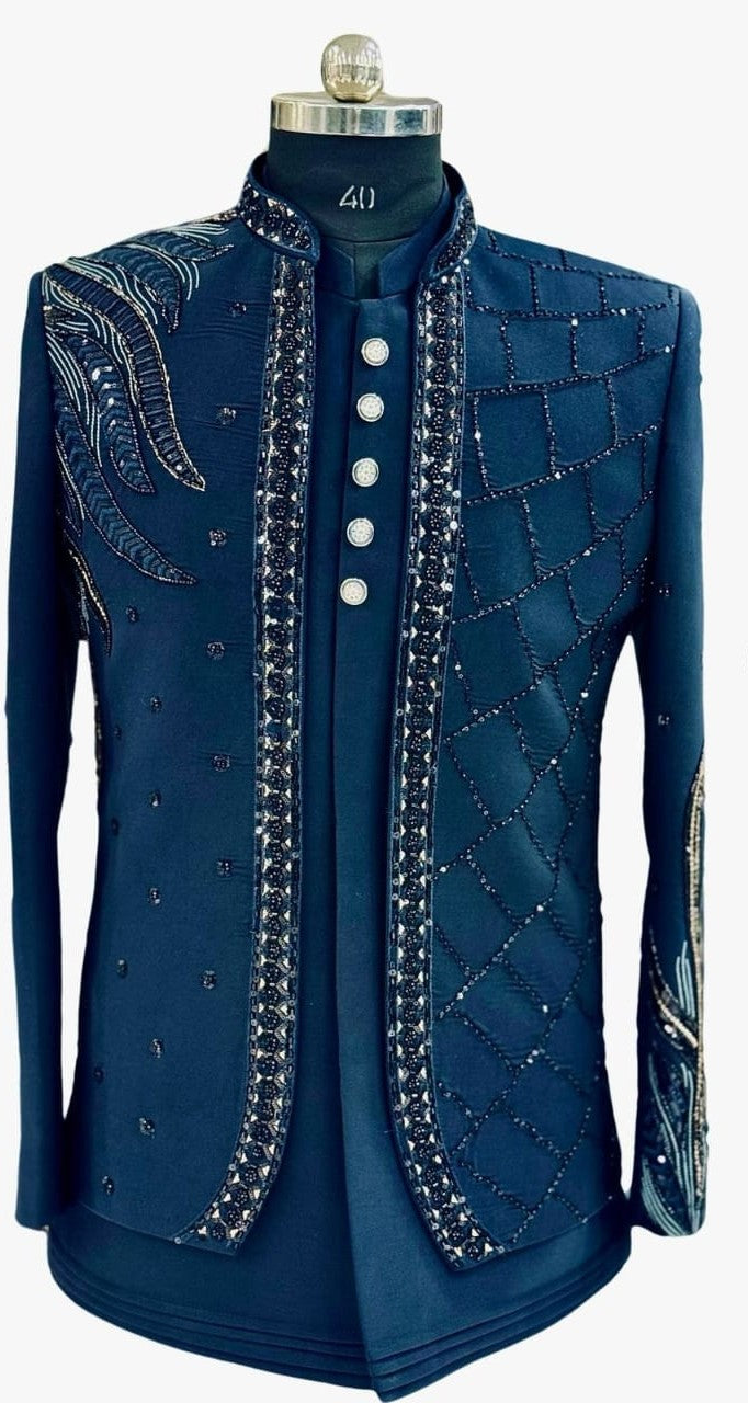 Men's Navy Blue Asymmetrical Embroidered shrug Jodhpuri Suit