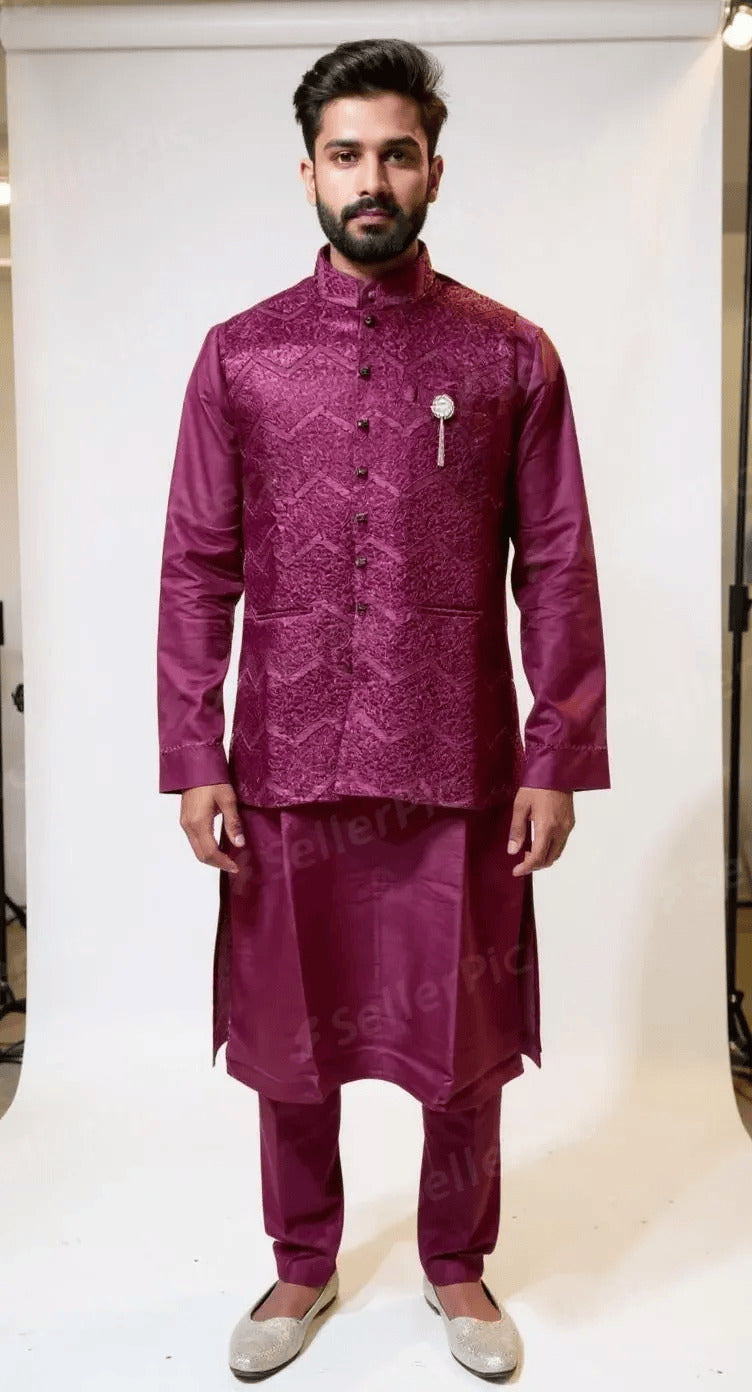 Men's Maroon Jacquard Waistcoat and Kurta Set
Description: