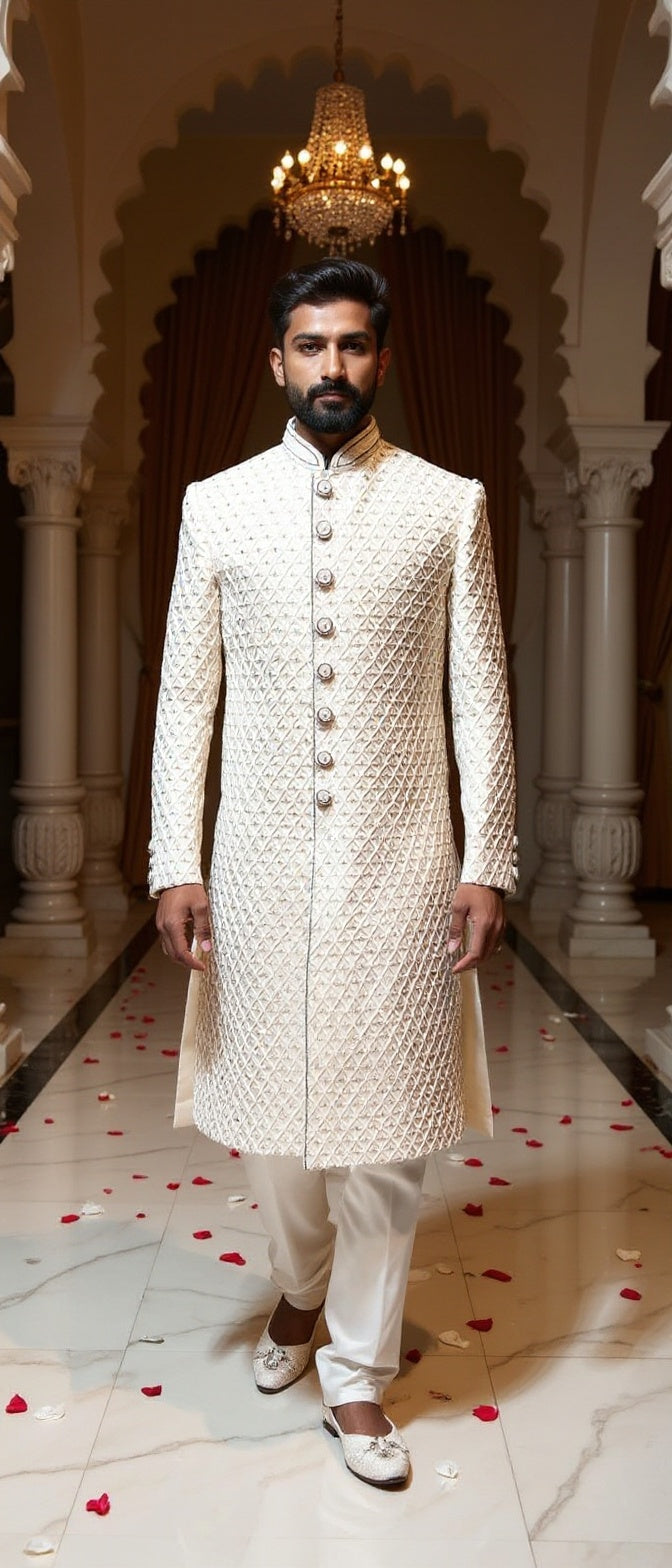 Men's Ivory Sherwani with Full Pearl & Swarovski Handwork