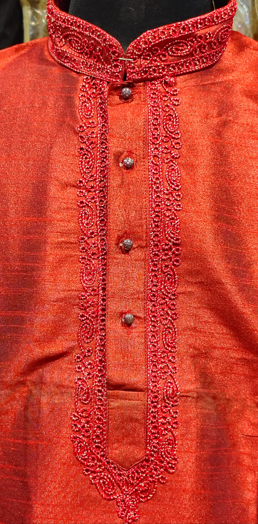 Men's Red Raw Silk Kurta with Tonal Embroidery