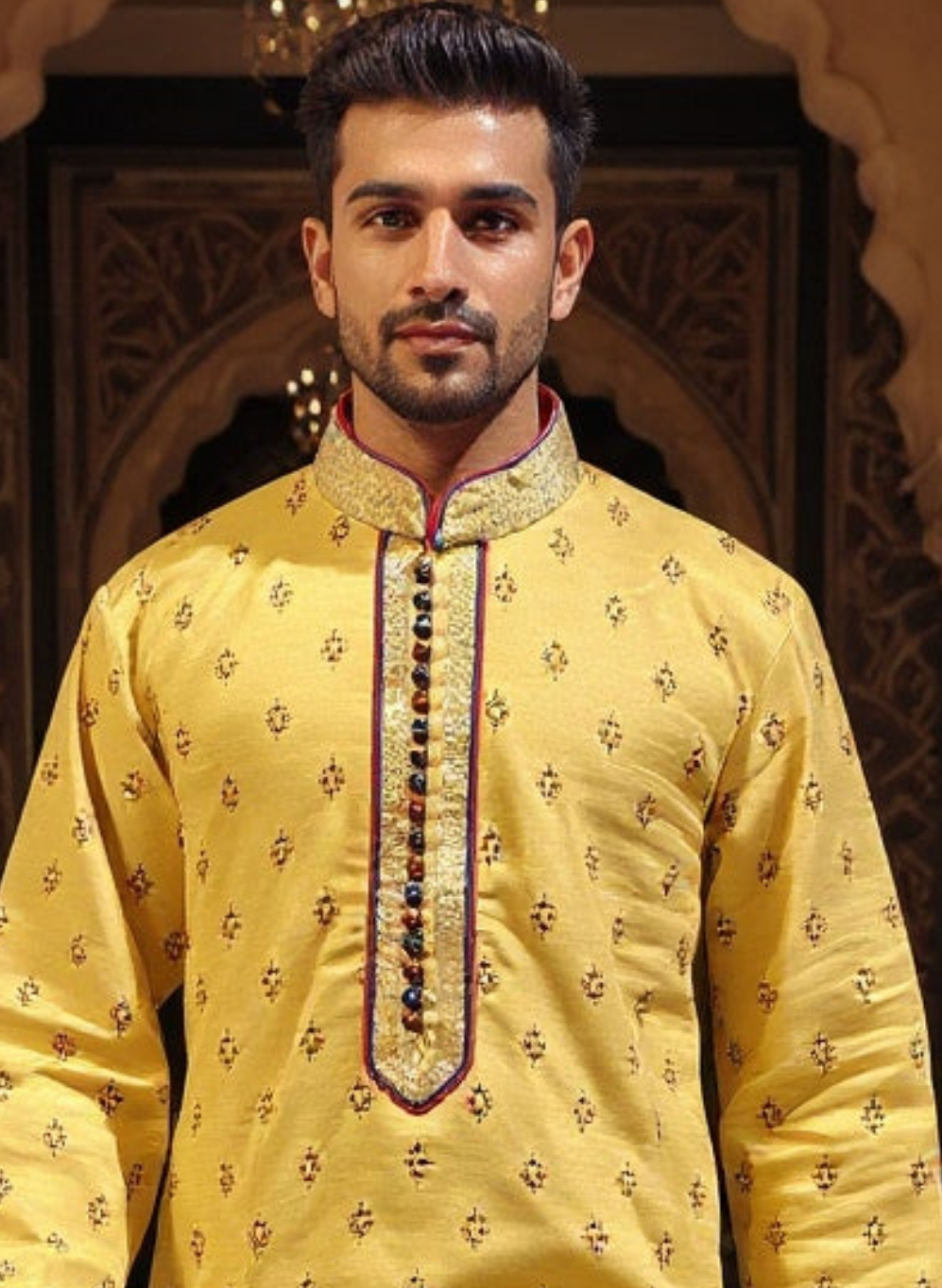 Men's Mustard  Silk Kurta with Embroidered Collar pantel design