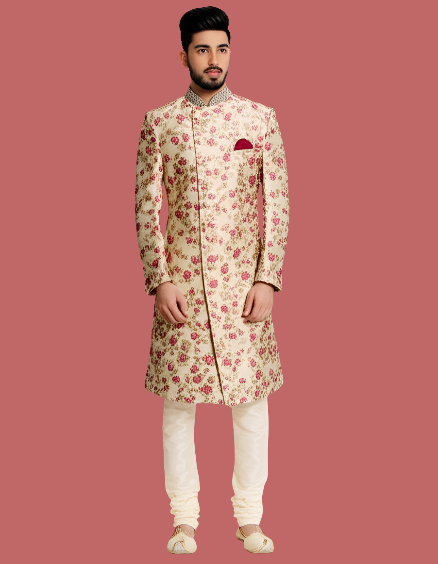 Men's Off-White Floral Embroidered Sherwani
