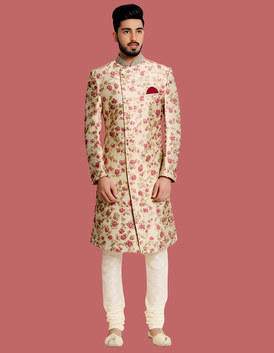 Men's Off-White Floral Embroidered Sherwani
