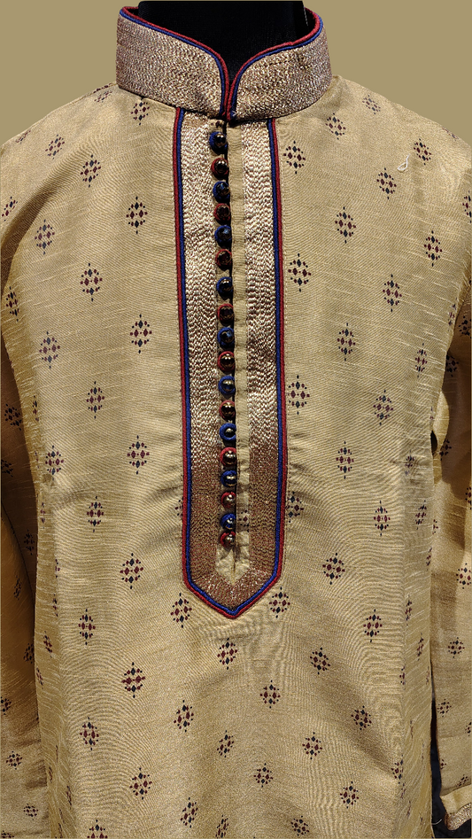 Men's Mustard  Silk Kurta with Embroidered Collar pantel design