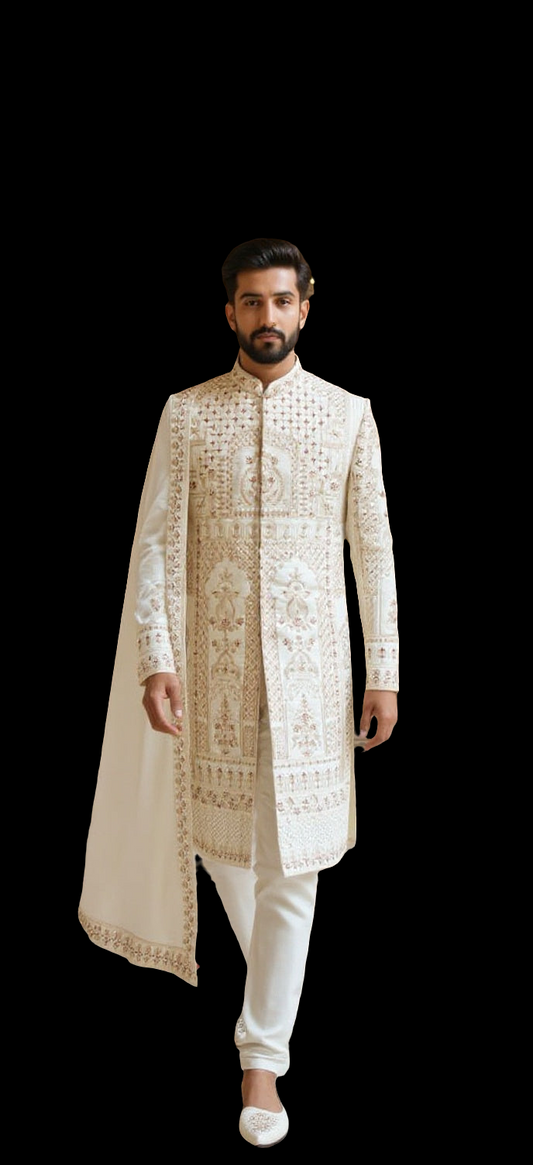 Men's Ivory & Gold Hand-Embroidered Sherwani