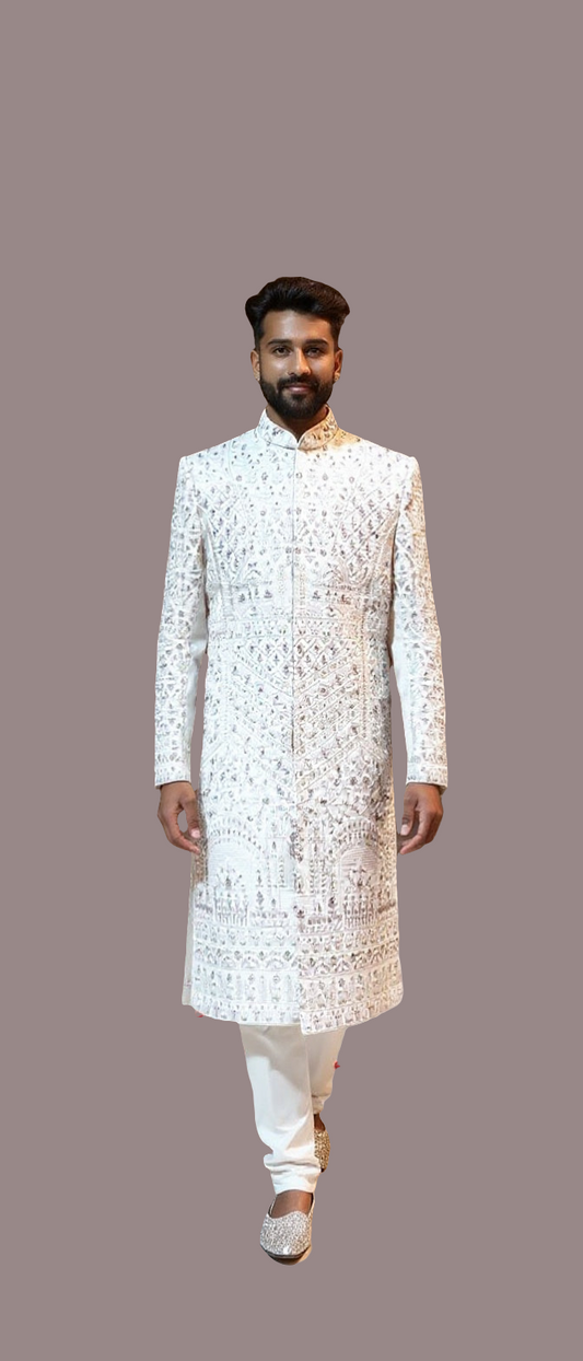 Men's Ivory & Silver Intricate Handwork Sherwani