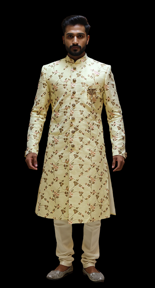 Cream Floral Embroidered Indo-Western Sherwani for Men