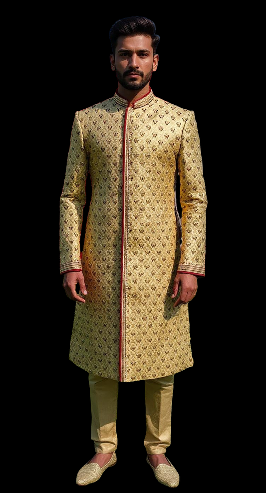 Men's Gold Brocade Sherwani all over hand embroidery with Red Piping