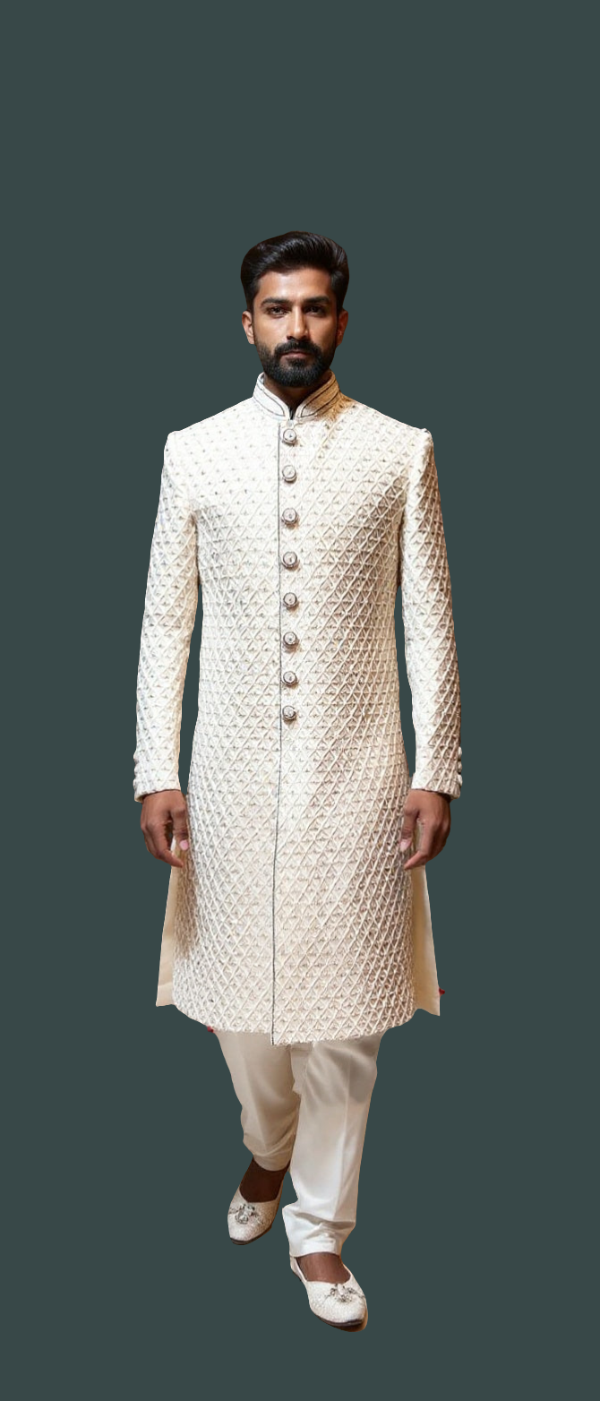 Men's Ivory Sherwani with Full Pearl & Swarovski Handwork