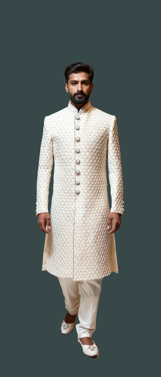 Men's Ivory Sherwani with Full Pearl & Swarovski Handwork