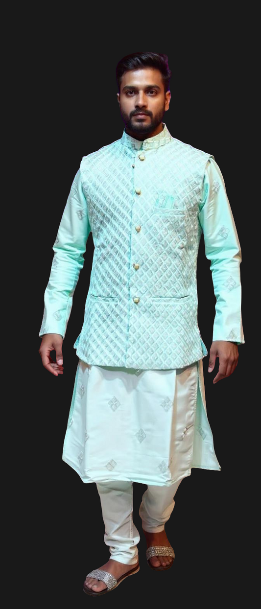Mint Green Silk Kurta Set with beads embroidery Nehru Jacket for Men