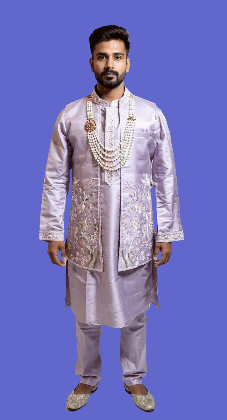Men's Lilac Embroidered Silk Kurta with Pearl Necklace Set