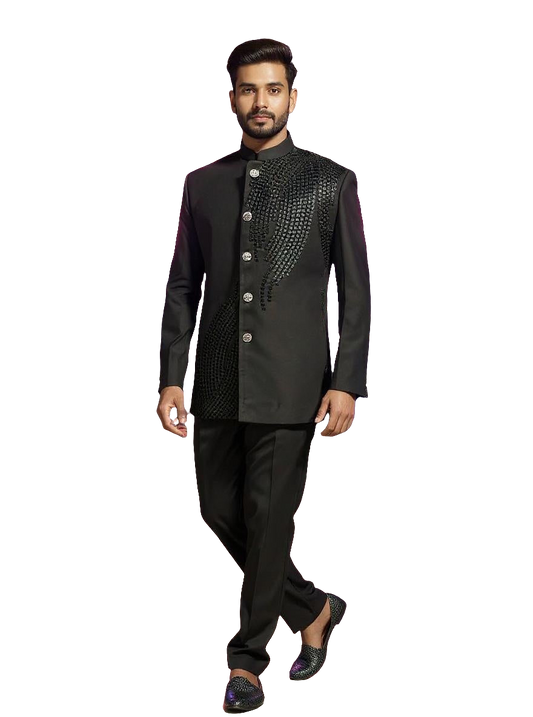 Men's Black Asymmetrical Hand Embroidered Jodhpuri Suit