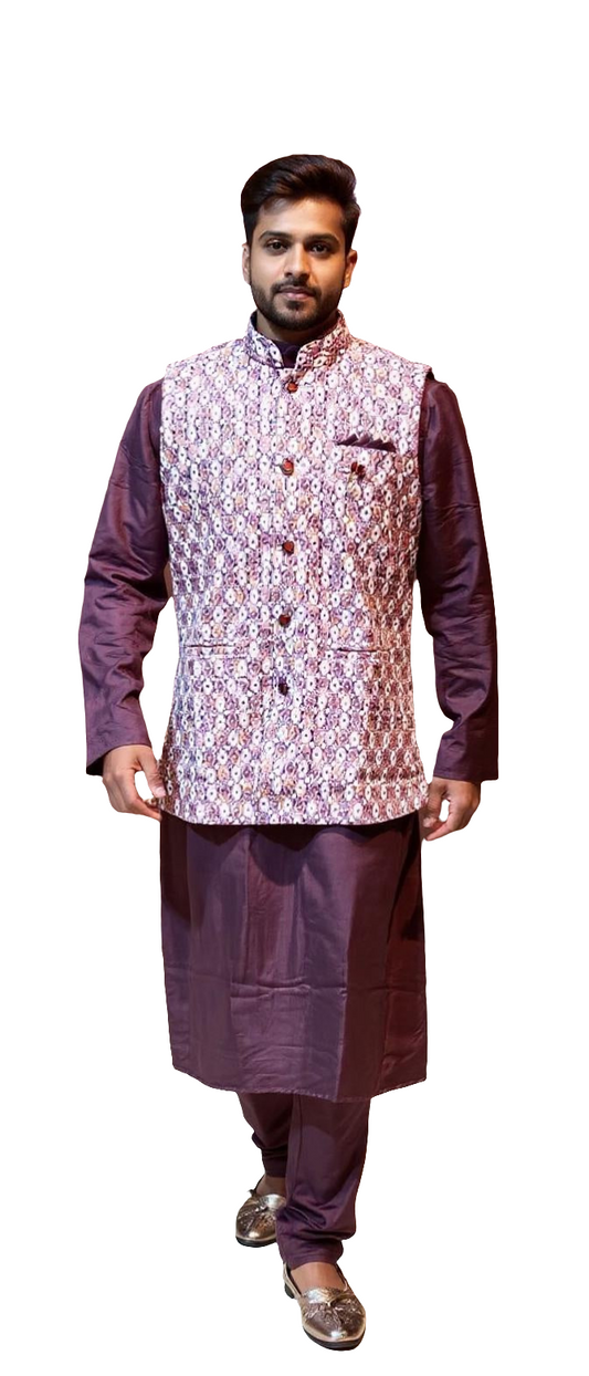 Men's wine Kurta Set with White pink Patterned Waistcoat