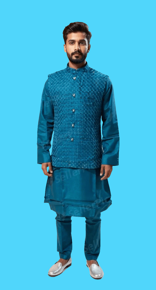 Men's Teal Textured Waistcoat and Kurta Set
