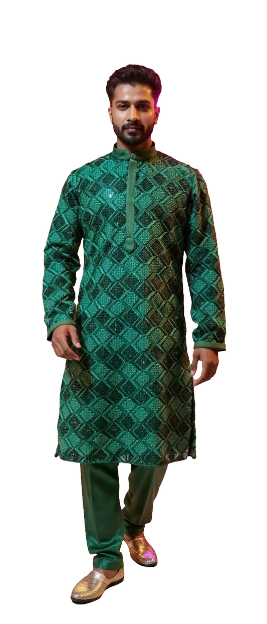 Men's Emerald Green Embroidered Kurta Set