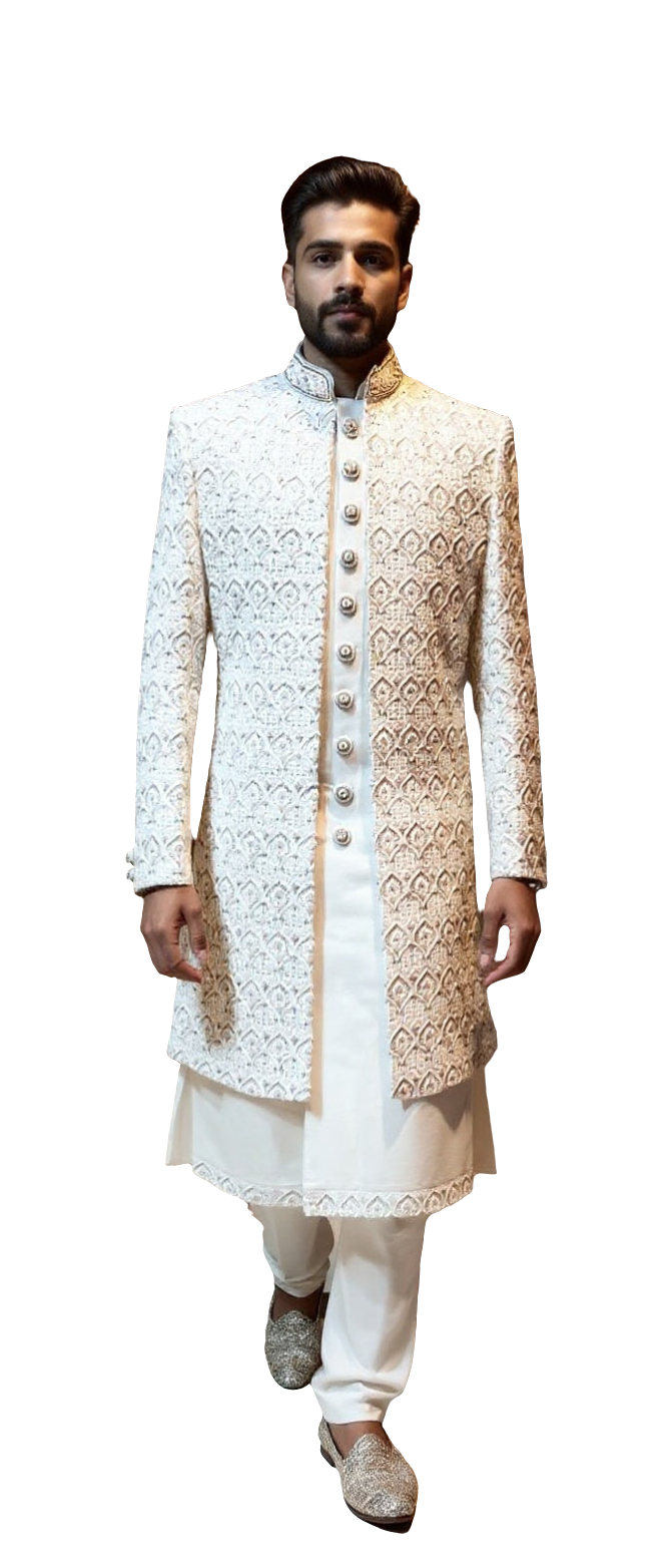 Men's Three-Piece Ivory Sherwani with Asymmetrical Crystal & Pearl Handwork