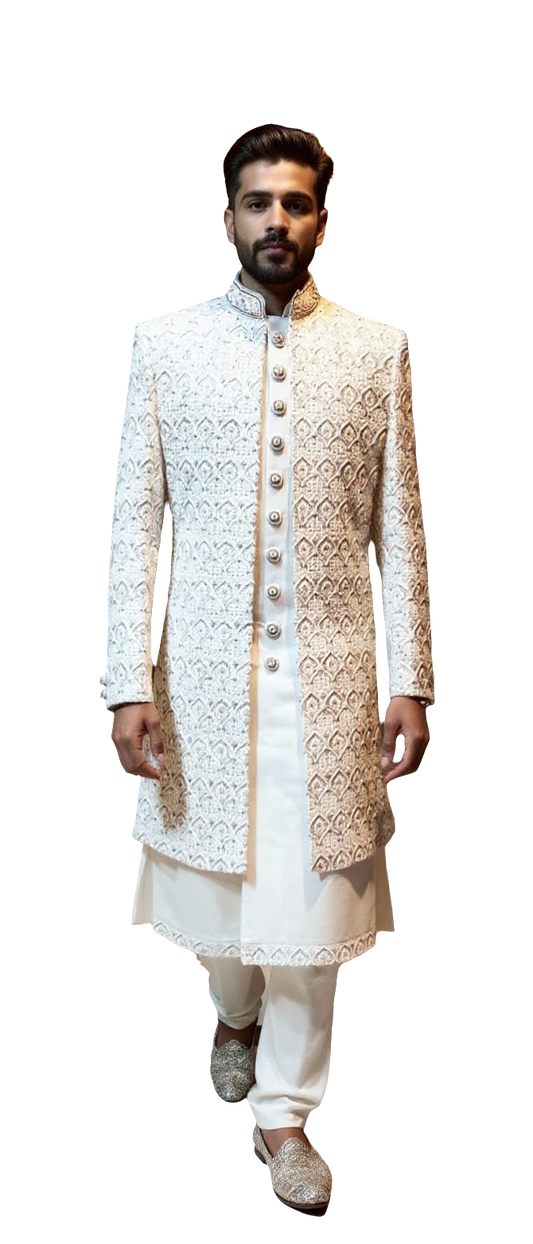 Men's Three-Piece Ivory Sherwani with Asymmetrical Crystal & Pearl Handwork