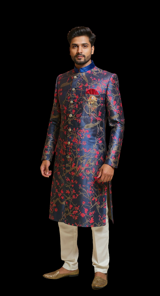 Men's Navy Blue Floral Brocade Sherwani | Indo-Western Suit