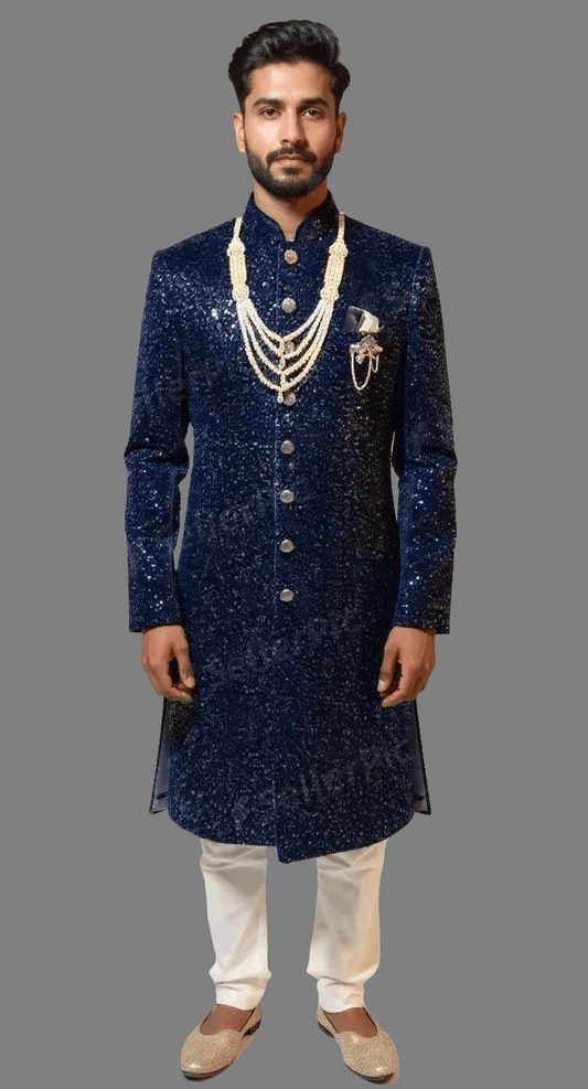 Men's Midnight Blue Velvet Sherwani with Cutdana Embroidery