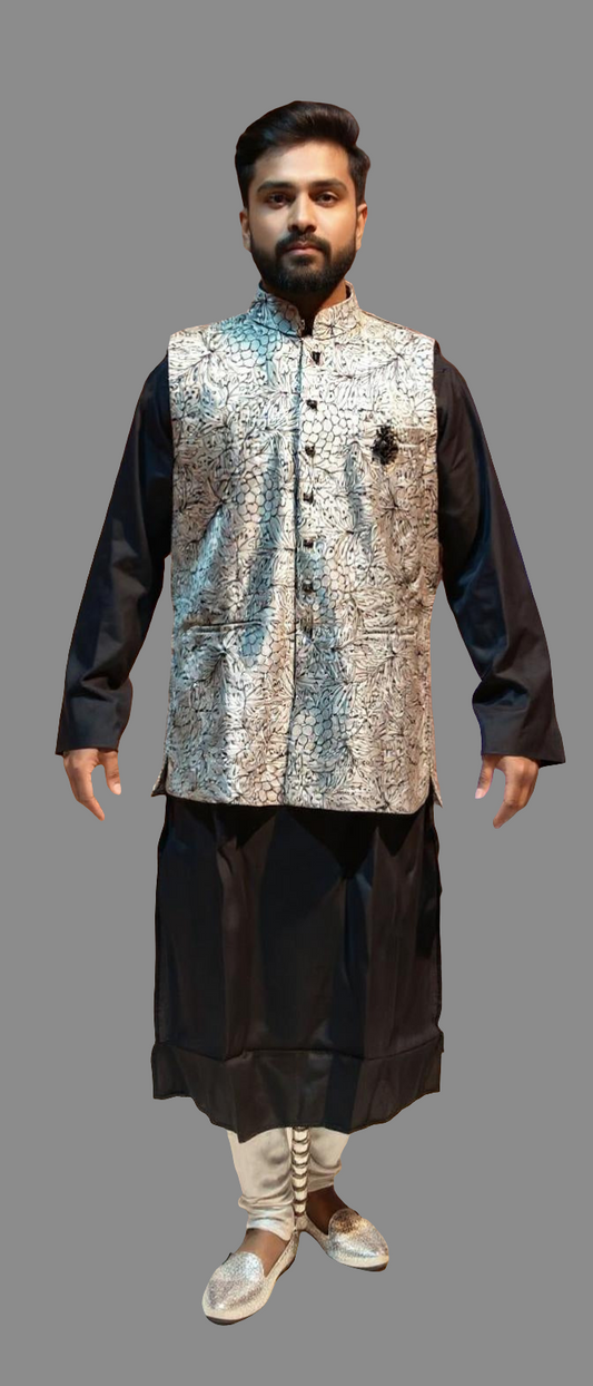 Men's Black Kurta with Silver Cutdana Velvet Koti