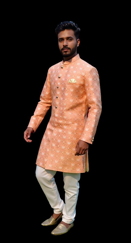 Men's Peach Floral Jacquard Sherwani | Wedding & Festive Wear