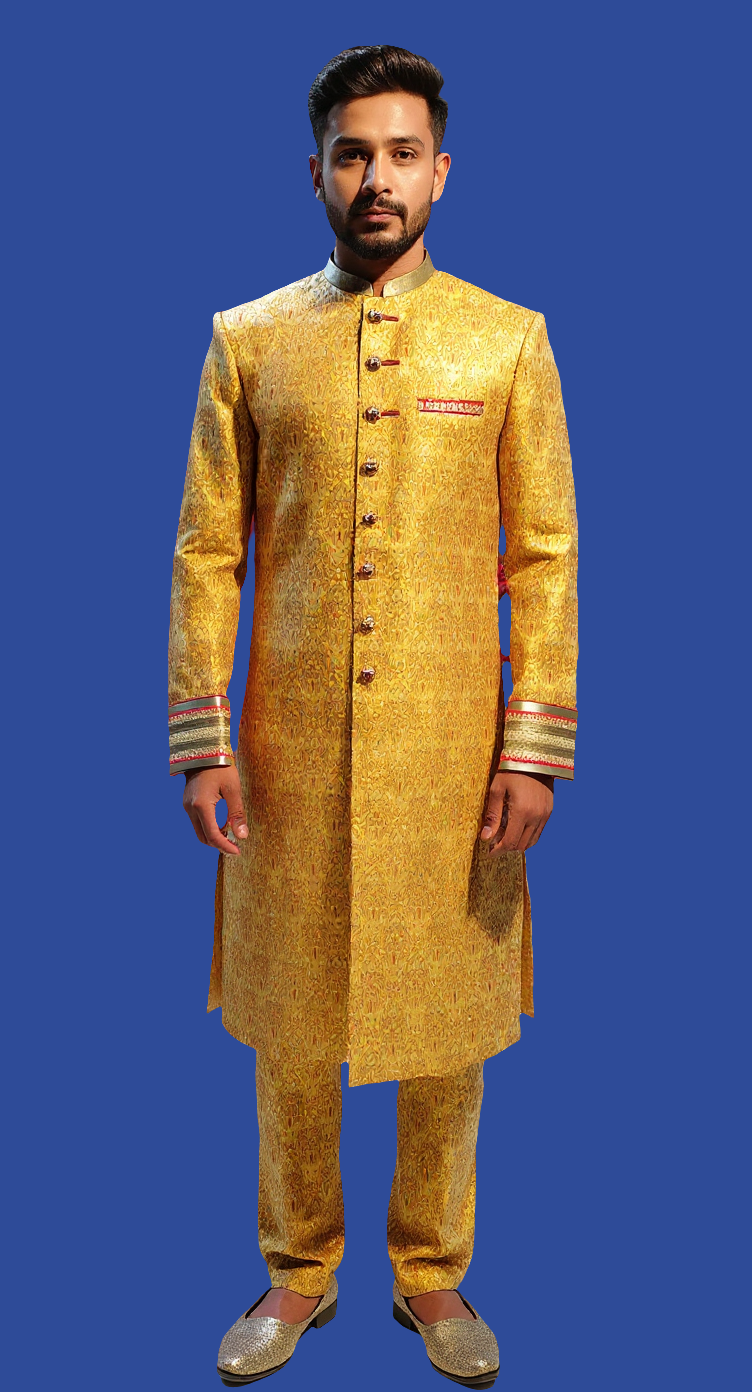 Men's Mustard Brocade Sherwani with Contrasting Trim