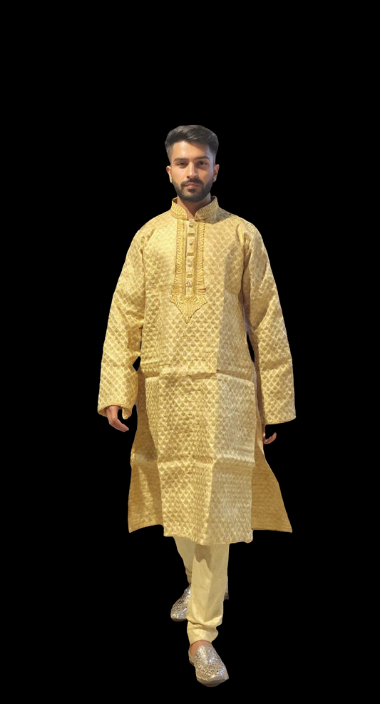 Men's Gold Brocade Kurta with Heavy Ornate Embroidery