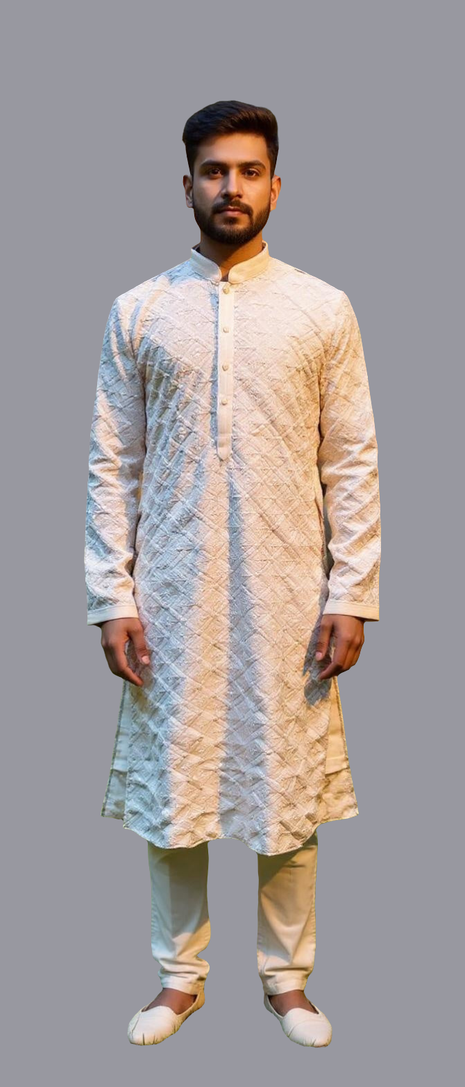 Men's Ivory Kurta Set with Tonal Geometric Embroidery