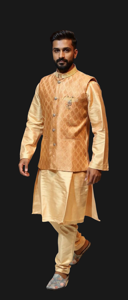 Men's Gold Brocade Waistcoat and Kurta Set