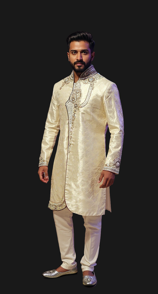 Men's Ivory Silk Jacquard Sherwani with Hand Embroidery