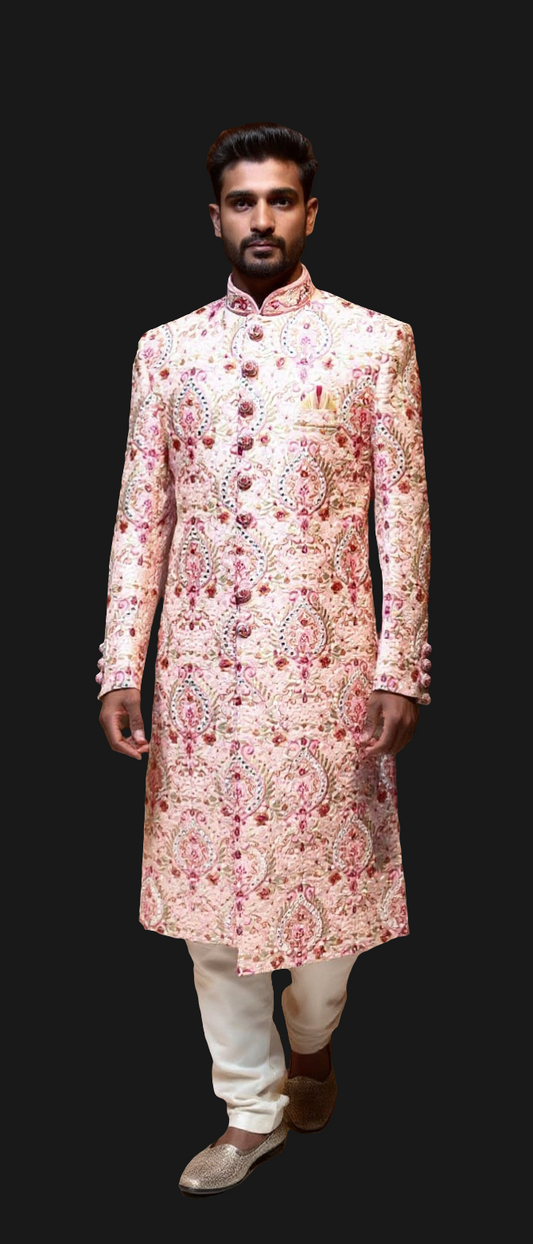 Blush Pink Floral Embroidered Sherwani for Grooms