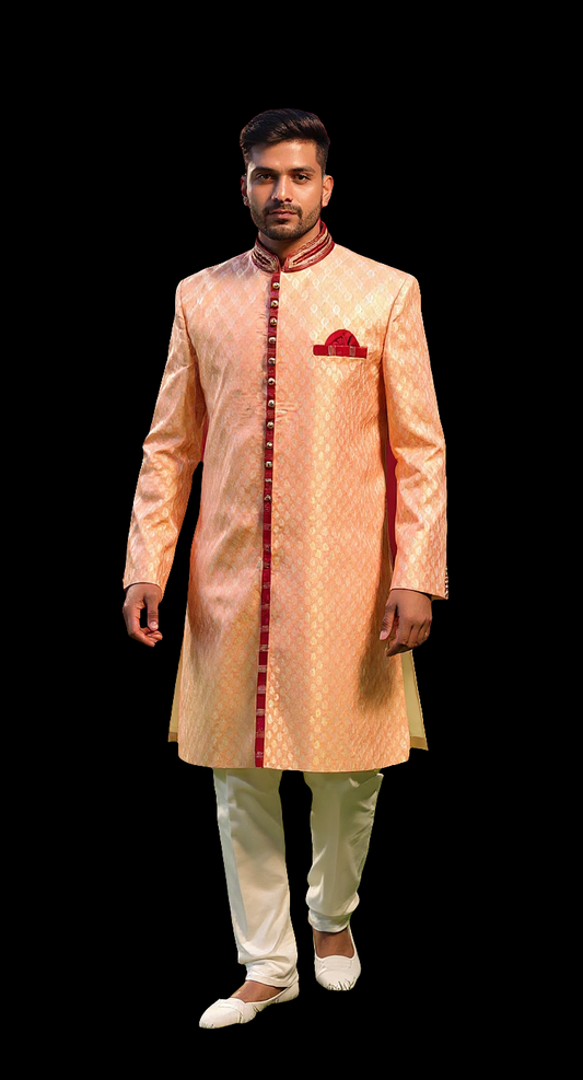 Men's Peach Sherwani with Maroon Velvet Accents | Wedding & Formal Wear