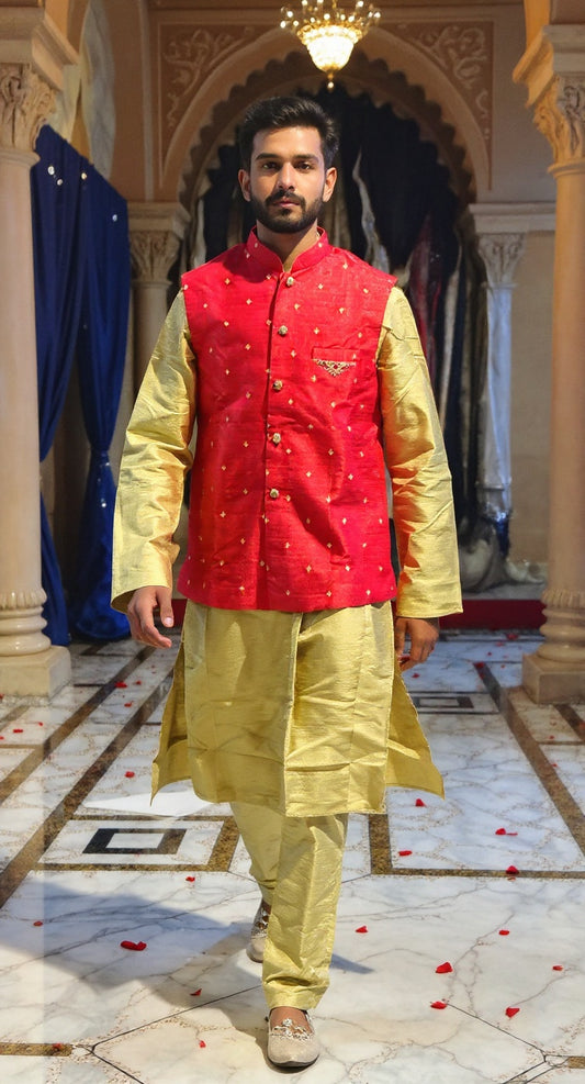 Men's Red Waistcoat & Gold Kurta Set with hand embroidery on waistcoat
