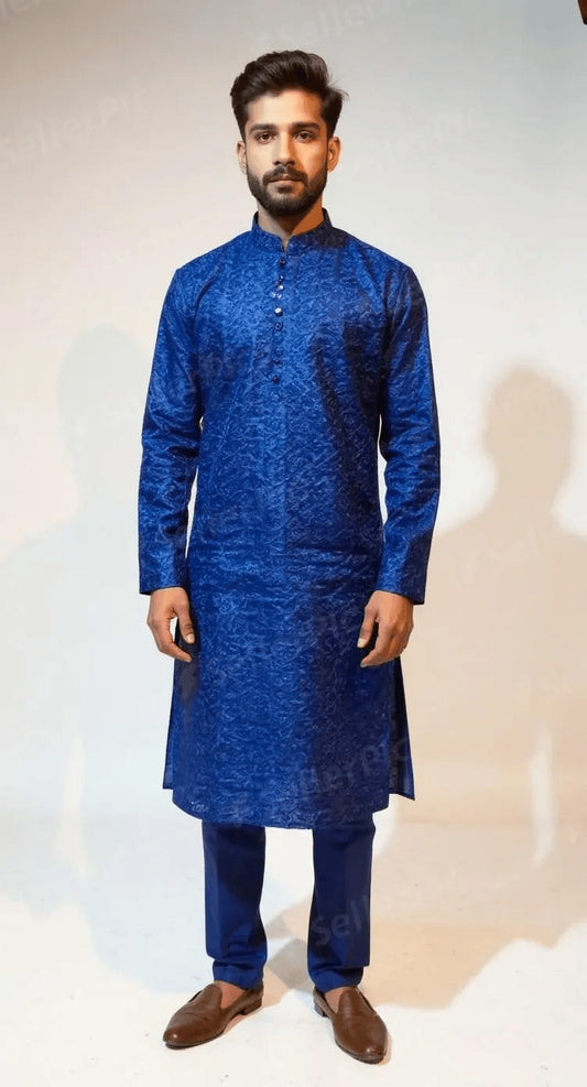 Men's Royal Blue silk embroidered Kurta Set