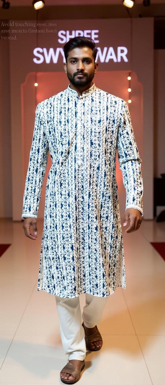 Blue & White Floral self weaving kurta set for Men