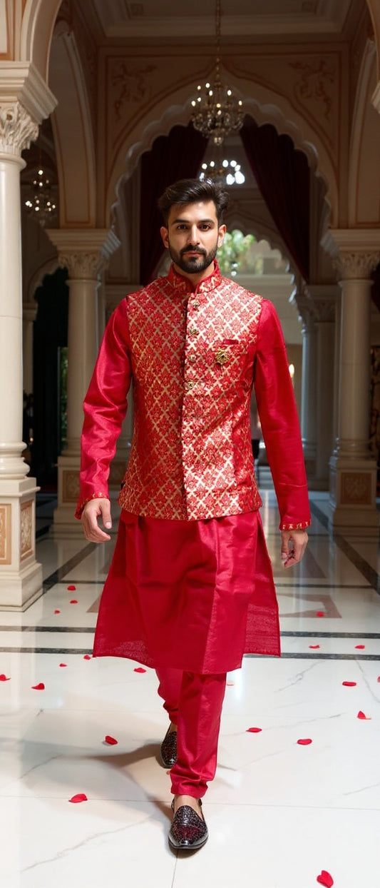 Men's Red & Gold Brocade Waistcoat Kurta Set
