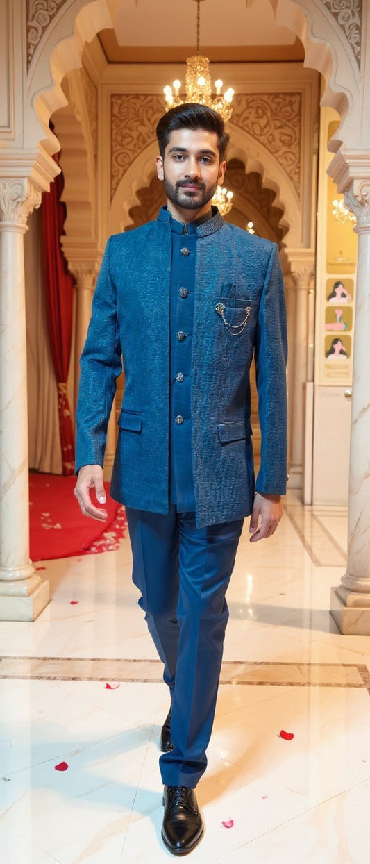 Men's Blue Textured Shrug Jodhpuri Suit