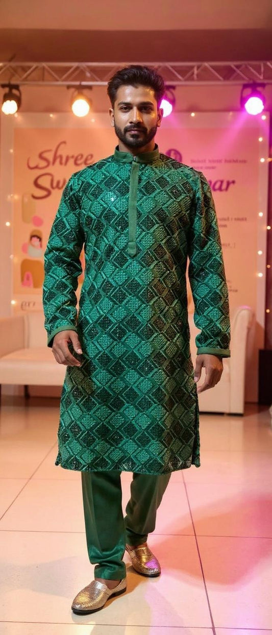 Men's Emerald Green Embroidered Kurta Set