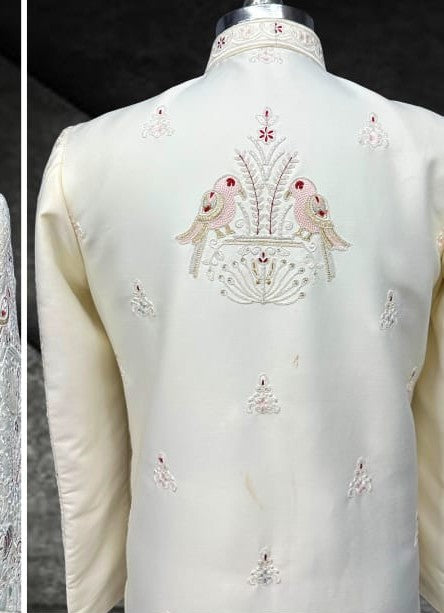 Men's Ivory Sherwani with Multi-Color Artistic Embroidery