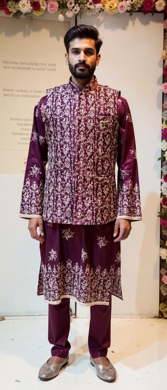 Majestic Wine Embroidered Sherwani-Style Kurta Jacket Set | Groom's Wedding Attire