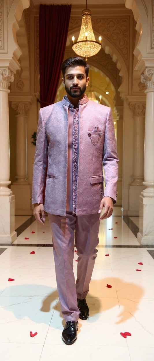 Men's Lilac self design italian fabric Jodhpuri Suit with Hand Embroidered Waistcoat