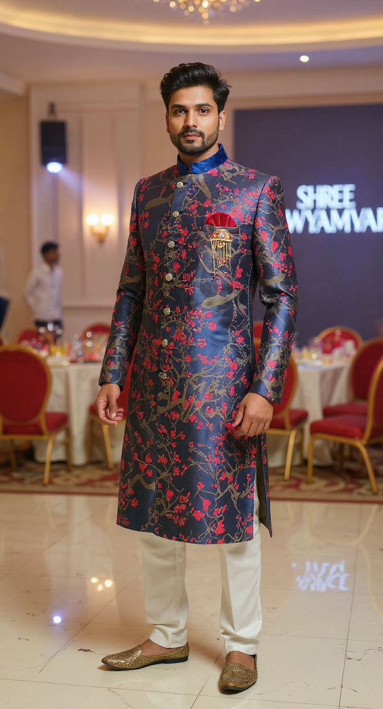 Men's Navy Blue Floral Brocade Sherwani | Indo-Western Suit