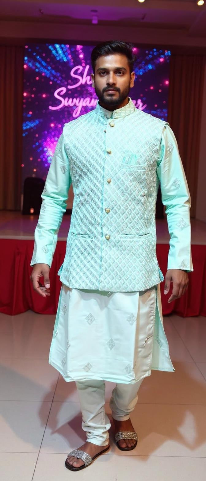 Mint Green Silk Kurta Set with beads embroidery Nehru Jacket for Men