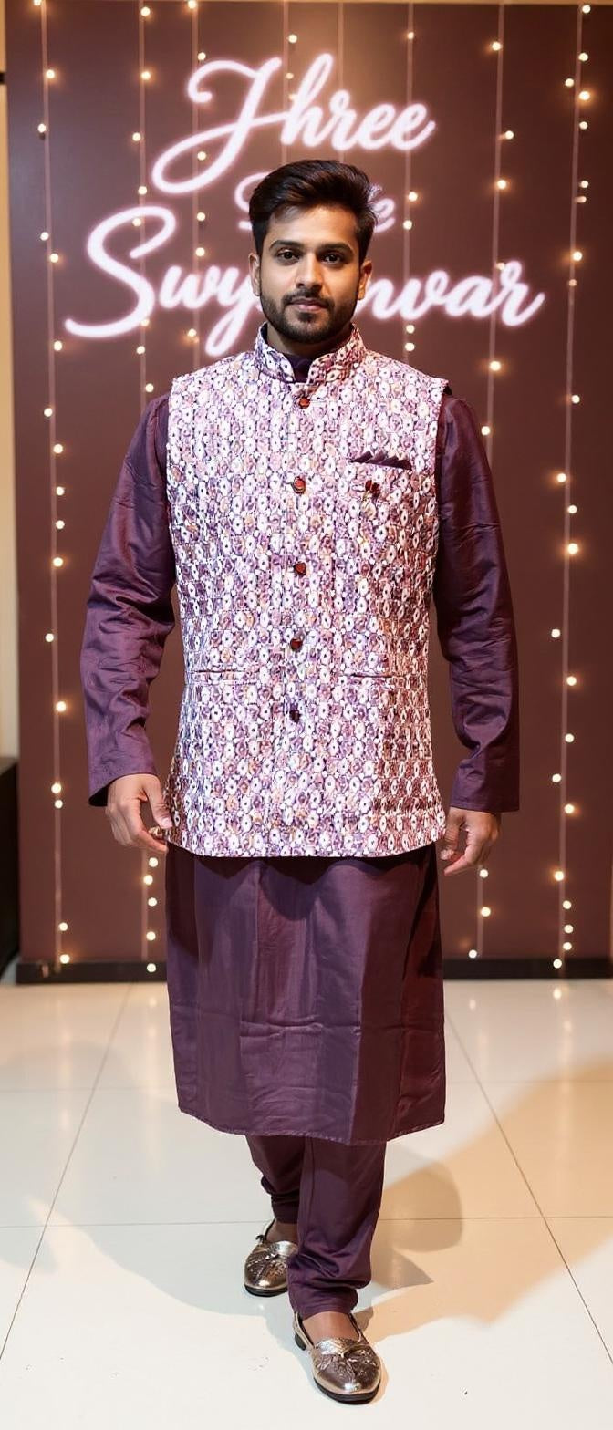 Men's wine Kurta Set with White pink Patterned Waistcoat