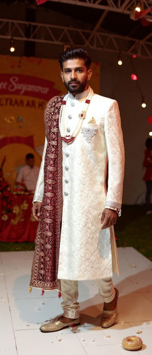 Maharaja Style Ivory Brocade Sherwani with silver zari with swasaki  hand embroidery for Grooms | Wedding Collection