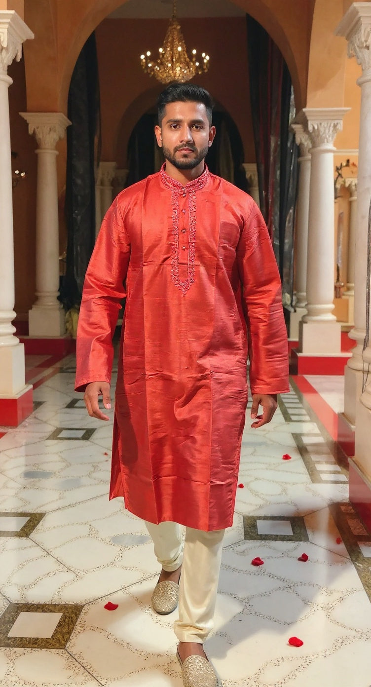 Men's Red Raw Silk Kurta with Tonal Embroidery