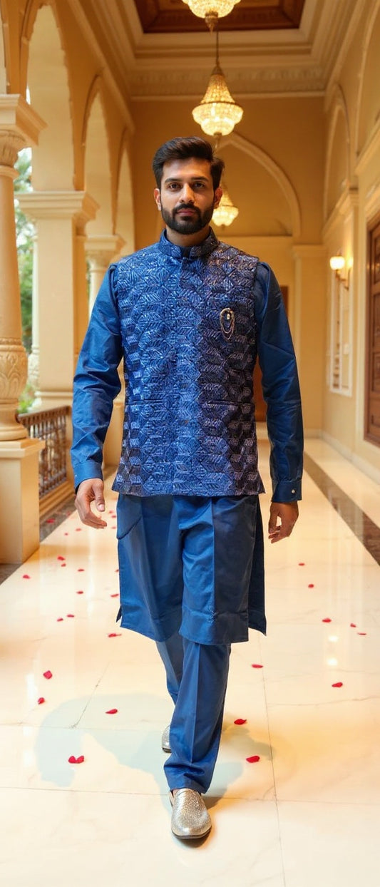 Men's Royal Blue Textured Waistcoat & Kurta Set
